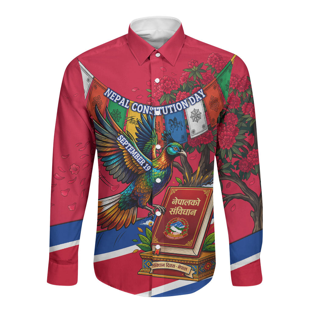 Nepal Constitution Day Long Sleeve Button Shirt Himalayan Temples Danphe Himalayan Monal Floral