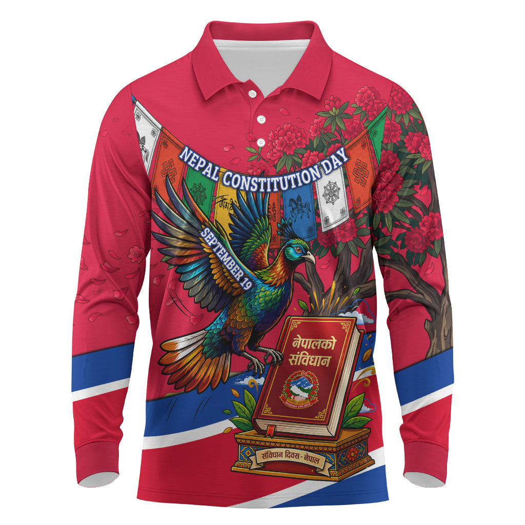 Nepal Constitution Day Long Sleeve Polo Shirt Himalayan Temples Danphe Himalayan Monal Floral