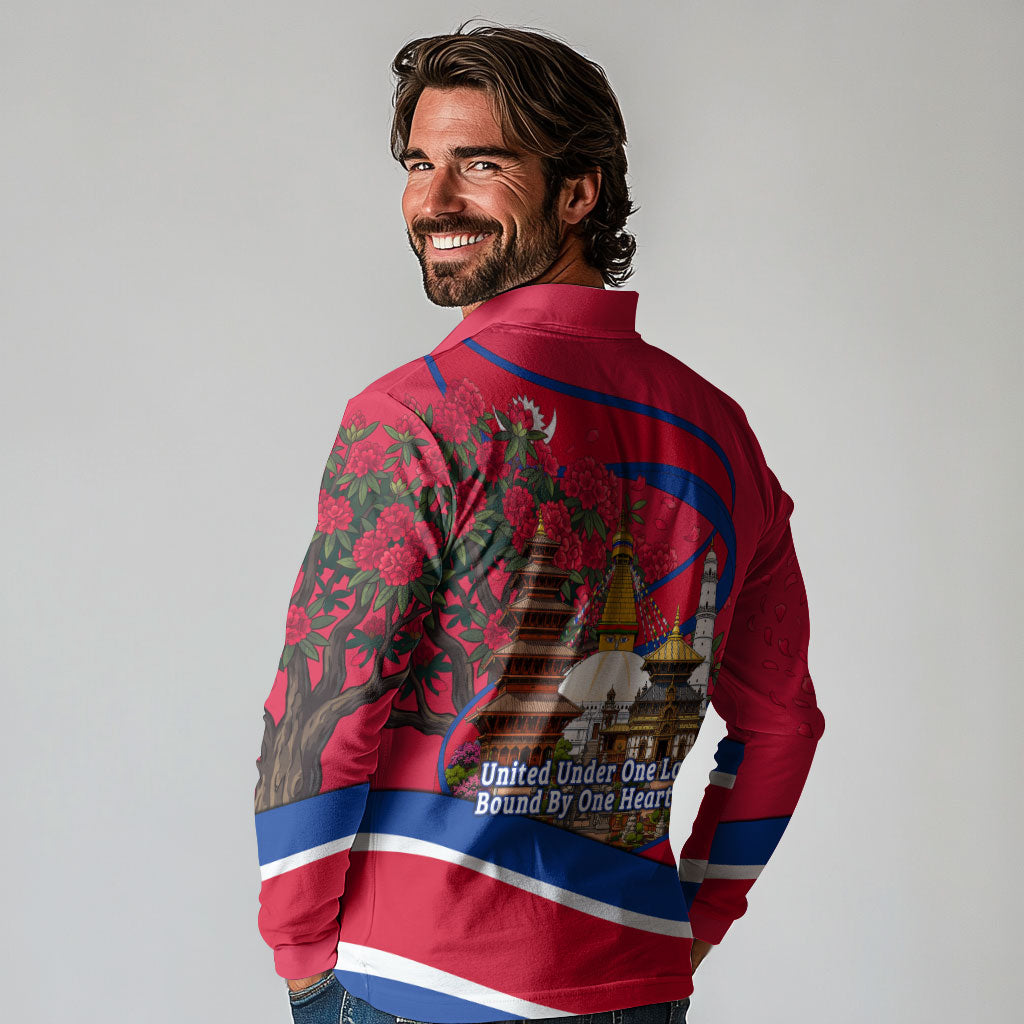 Nepal Constitution Day Long Sleeve Polo Shirt Himalayan Temples Danphe Himalayan Monal Floral