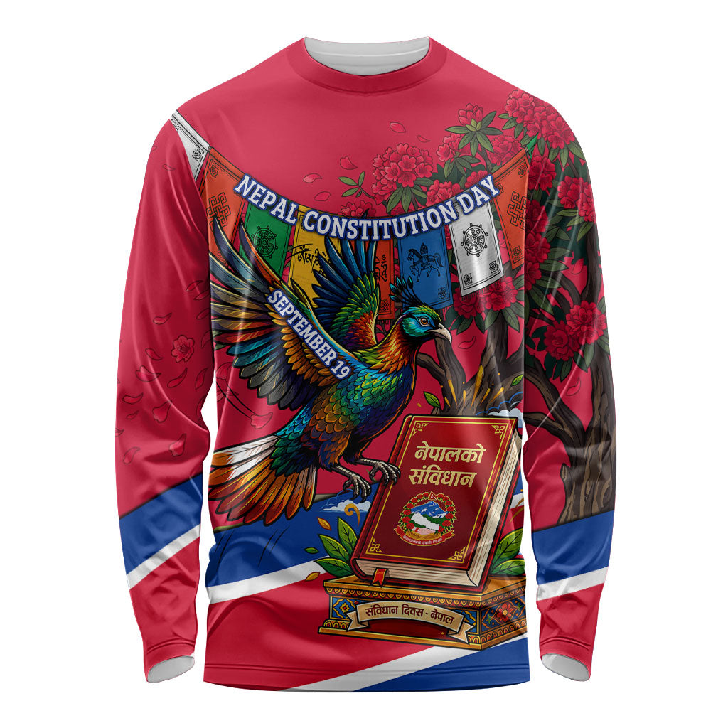 Nepal Constitution Day Long Sleeve Shirt Himalayan Temples Danphe Himalayan Monal Floral