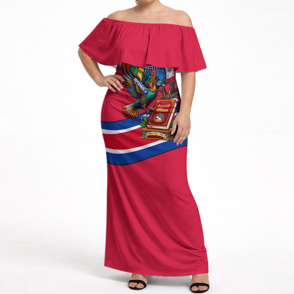 Nepal Constitution Day Off Shoulder Maxi Dress Himalayan Temples Danphe Himalayan Monal Floral