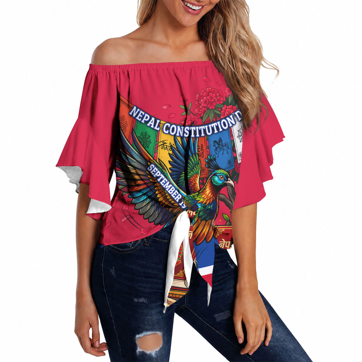 Nepal Constitution Day Off Shoulder Wrap Waist Top Himalayan Temples Danphe Himalayan Monal Floral