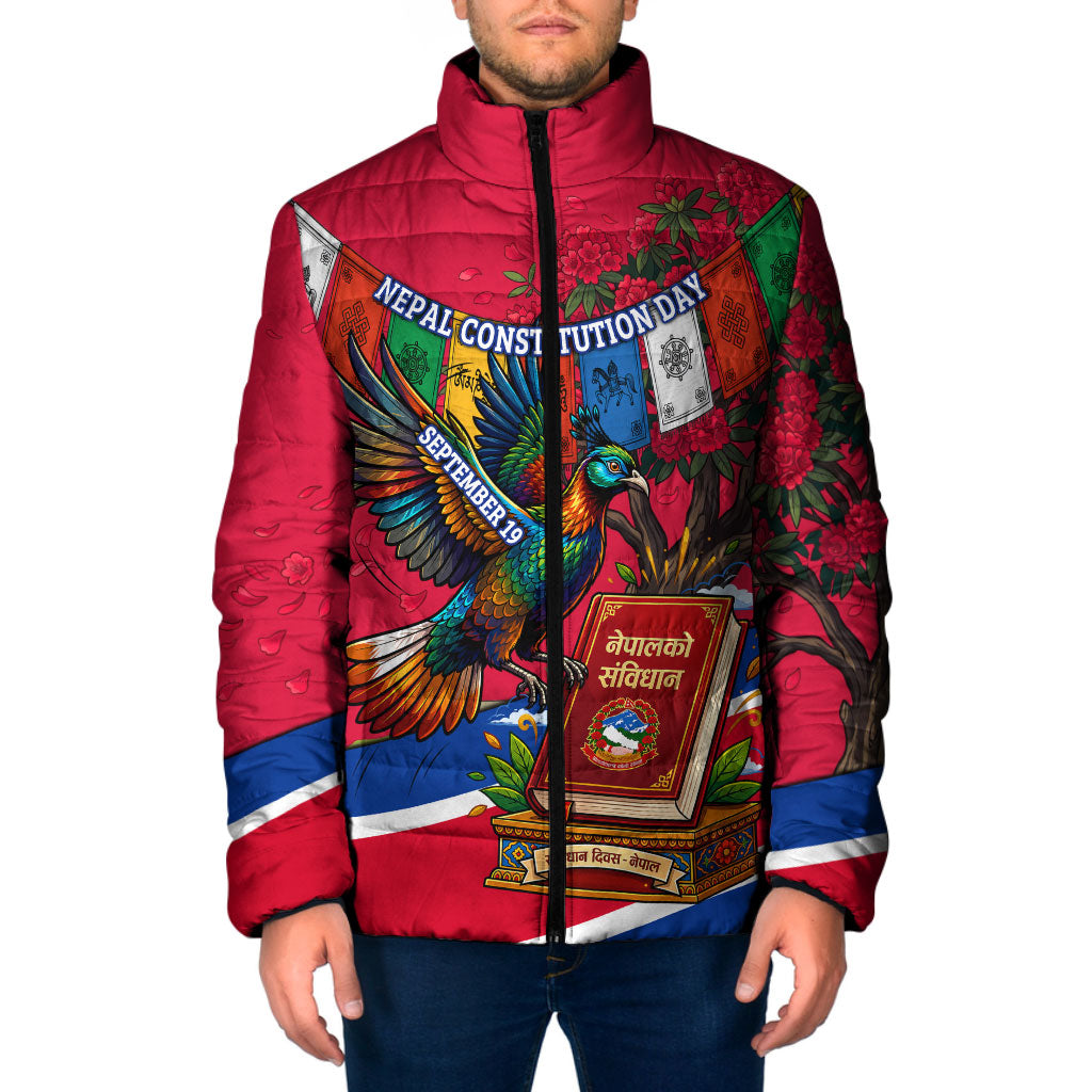Nepal Constitution Day Padded Jacket Himalayan Temples Danphe Himalayan Monal Floral