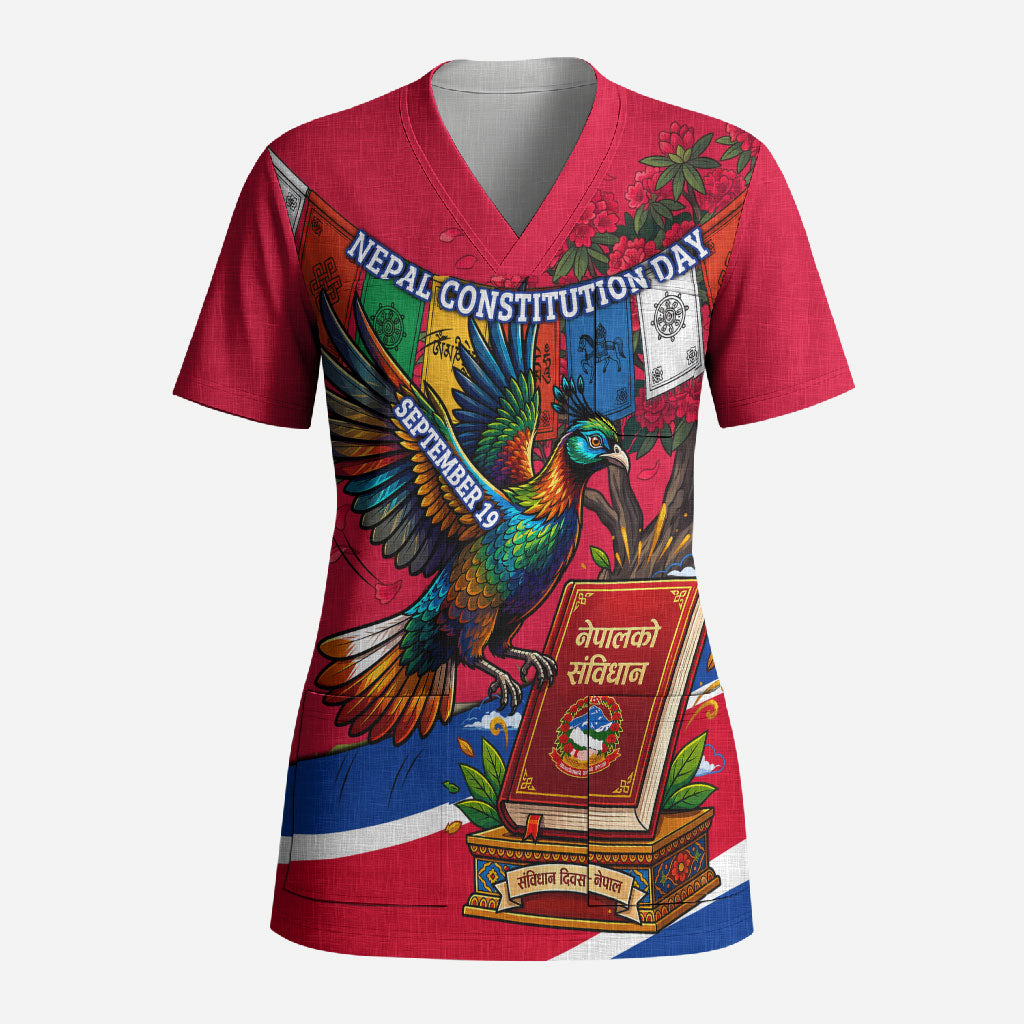 Nepal Constitution Day Scrub Top Himalayan Temples Danphe Himalayan Monal Floral