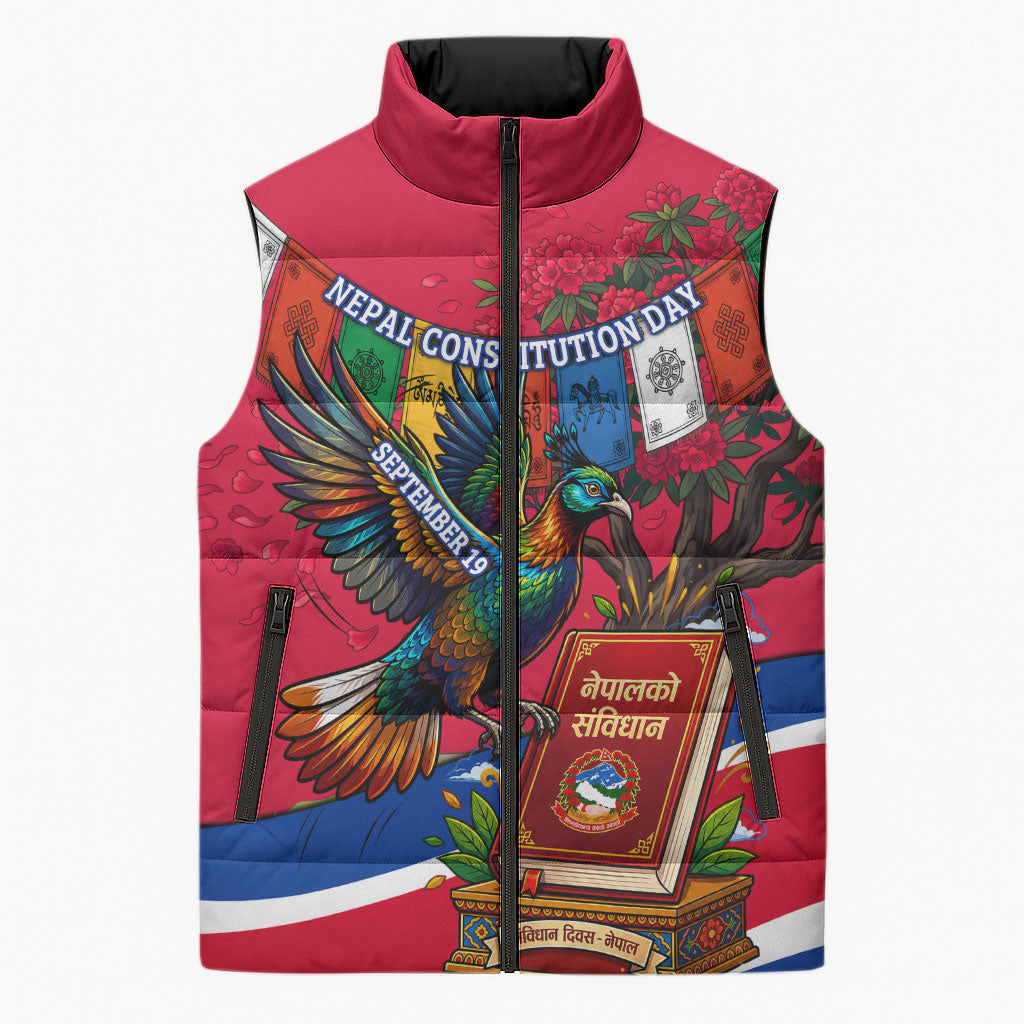 Nepal Constitution Day Sleeveless Puffer Jacket Himalayan Temples Danphe Himalayan Monal Floral