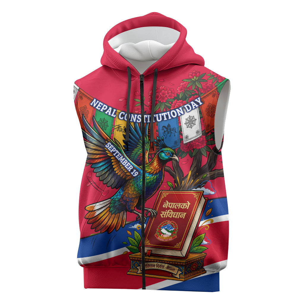 Nepal Constitution Day Sleeveless Zip Hoodie Himalayan Temples Danphe Himalayan Monal Floral