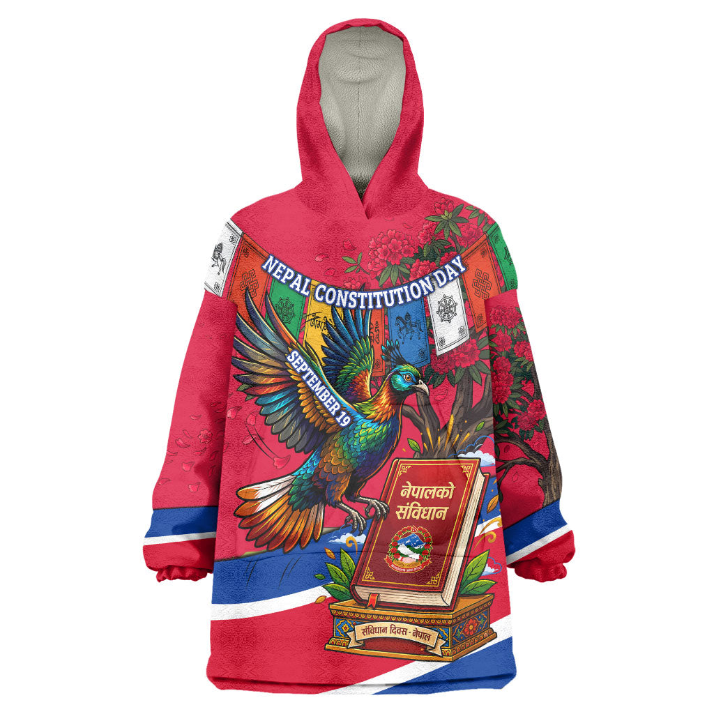Nepal Constitution Day Wearable Blanket Hoodie Himalayan Temples Danphe Himalayan Monal Floral