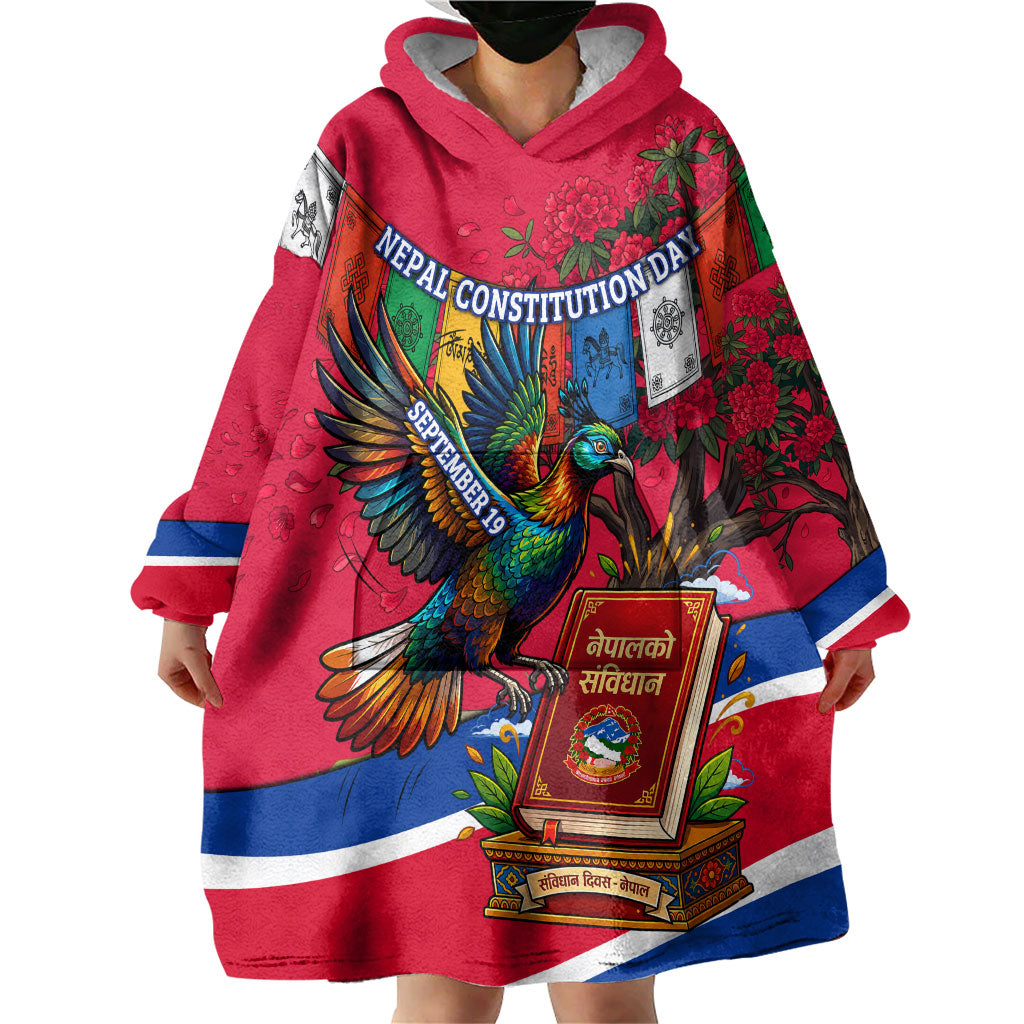 Nepal Constitution Day Wearable Blanket Hoodie Himalayan Temples Danphe Himalayan Monal Floral
