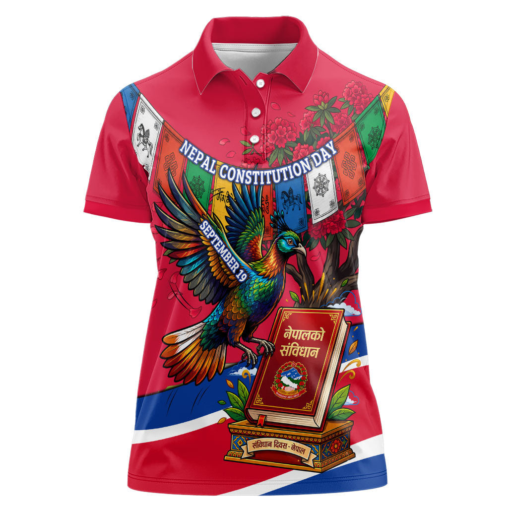 Nepal Constitution Day Women Polo Shirt Himalayan Temples Danphe Himalayan Monal Floral