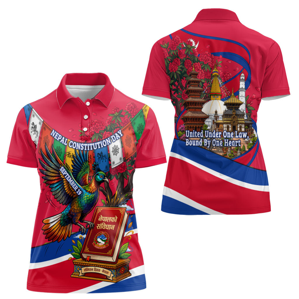 Nepal Constitution Day Women Polo Shirt Himalayan Temples Danphe Himalayan Monal Floral