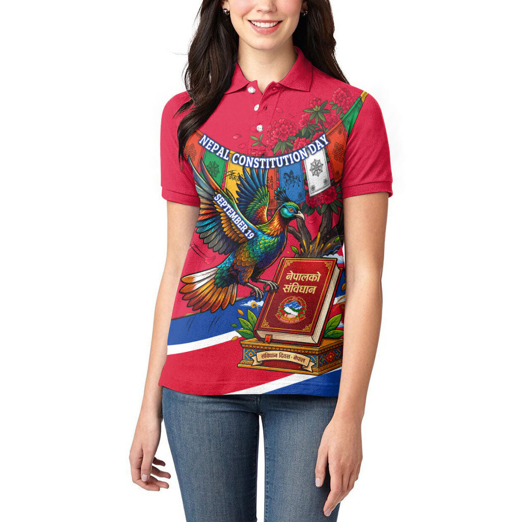 Nepal Constitution Day Women Polo Shirt Himalayan Temples Danphe Himalayan Monal Floral