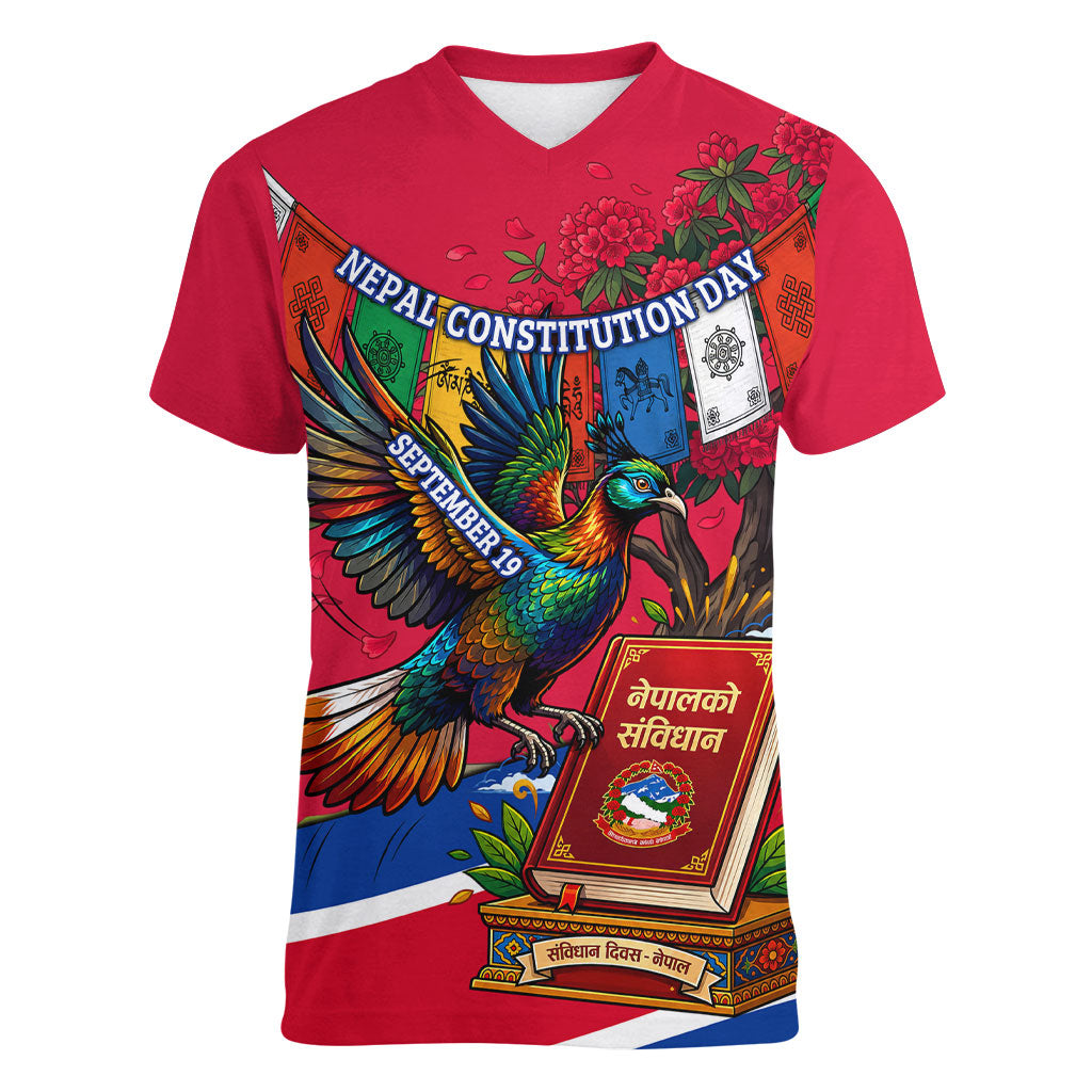 Nepal Constitution Day Women V-Neck T-Shirt Himalayan Temples Danphe Himalayan Monal Floral