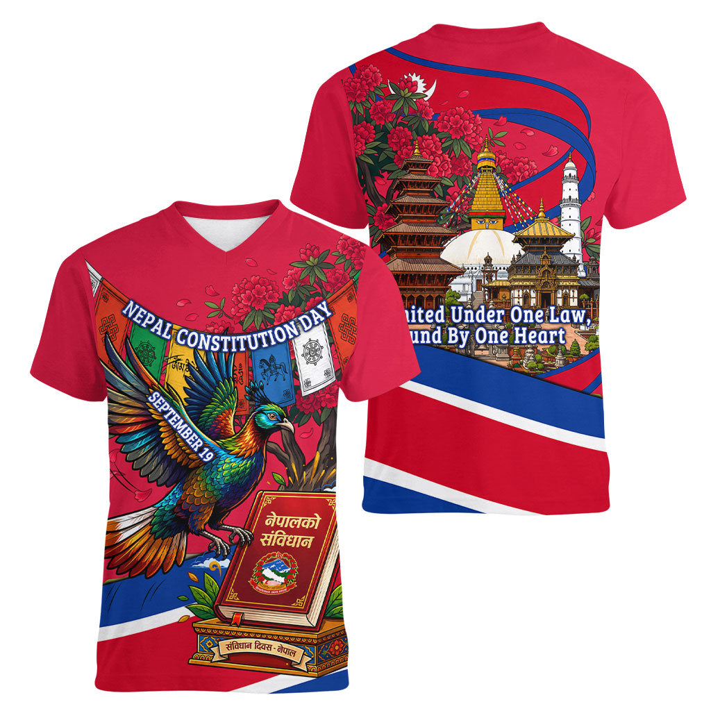 Nepal Constitution Day Women V-Neck T-Shirt Himalayan Temples Danphe Himalayan Monal Floral
