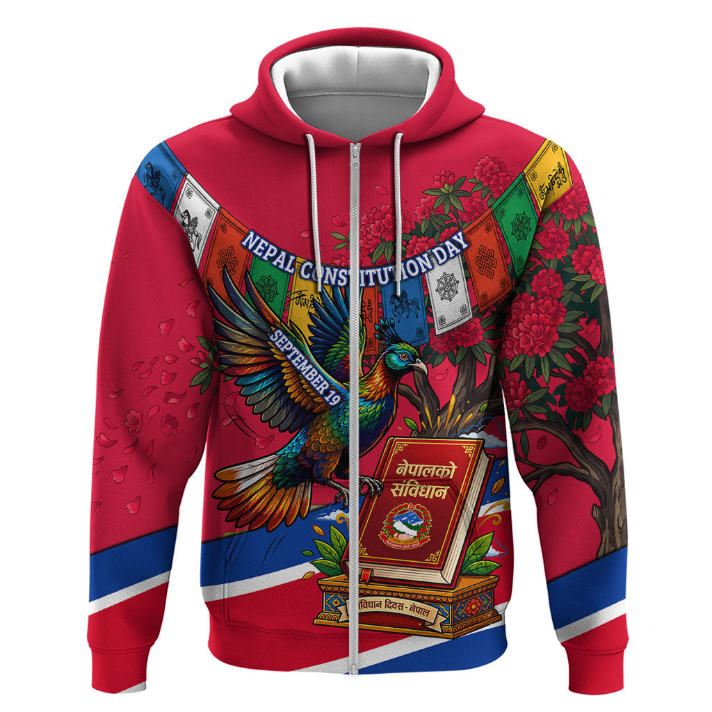 Nepal Constitution Day Zip Hoodie Himalayan Temples Danphe Himalayan Monal Floral
