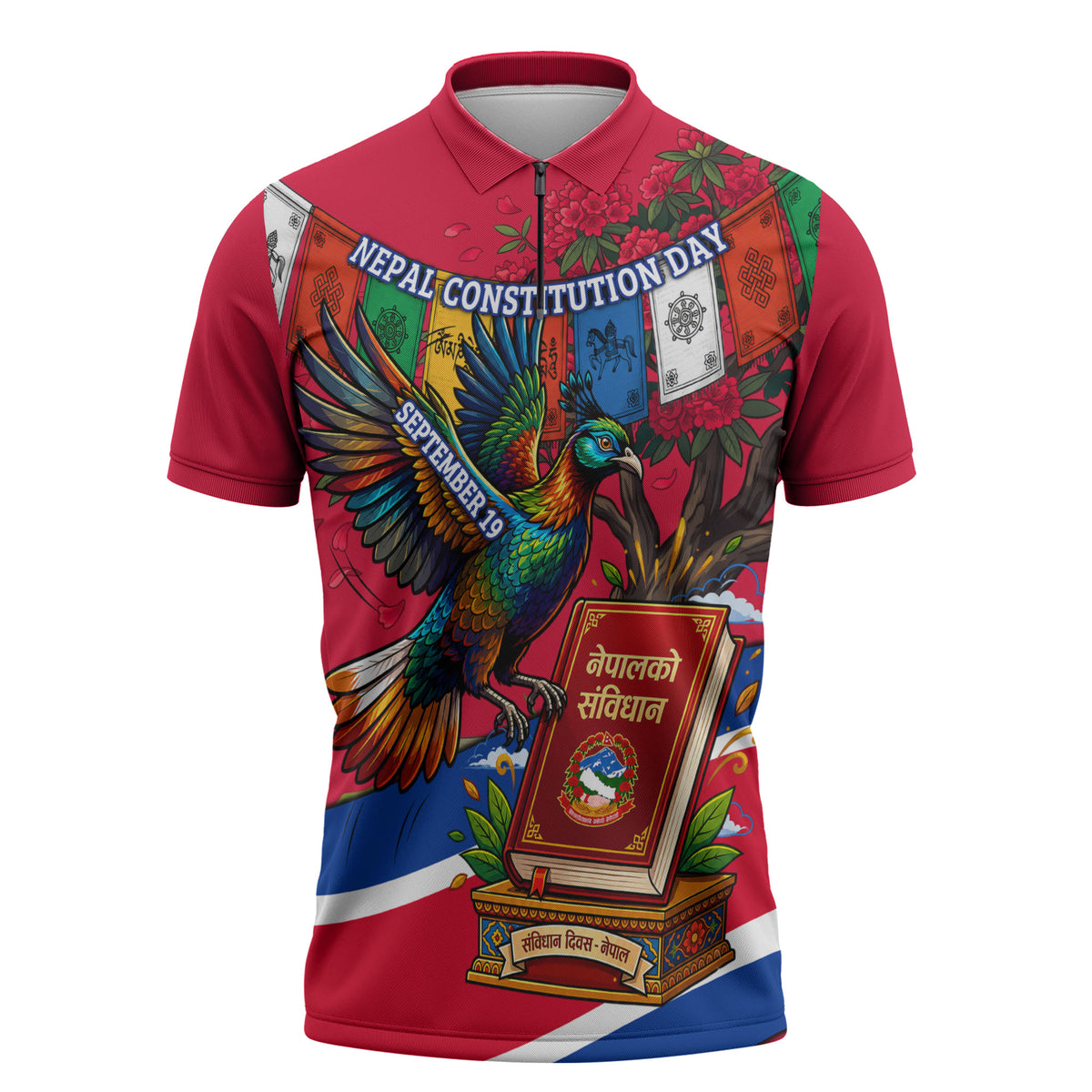 Nepal Constitution Day Zipper Polo Shirt Himalayan Temples Danphe Himalayan Monal Floral