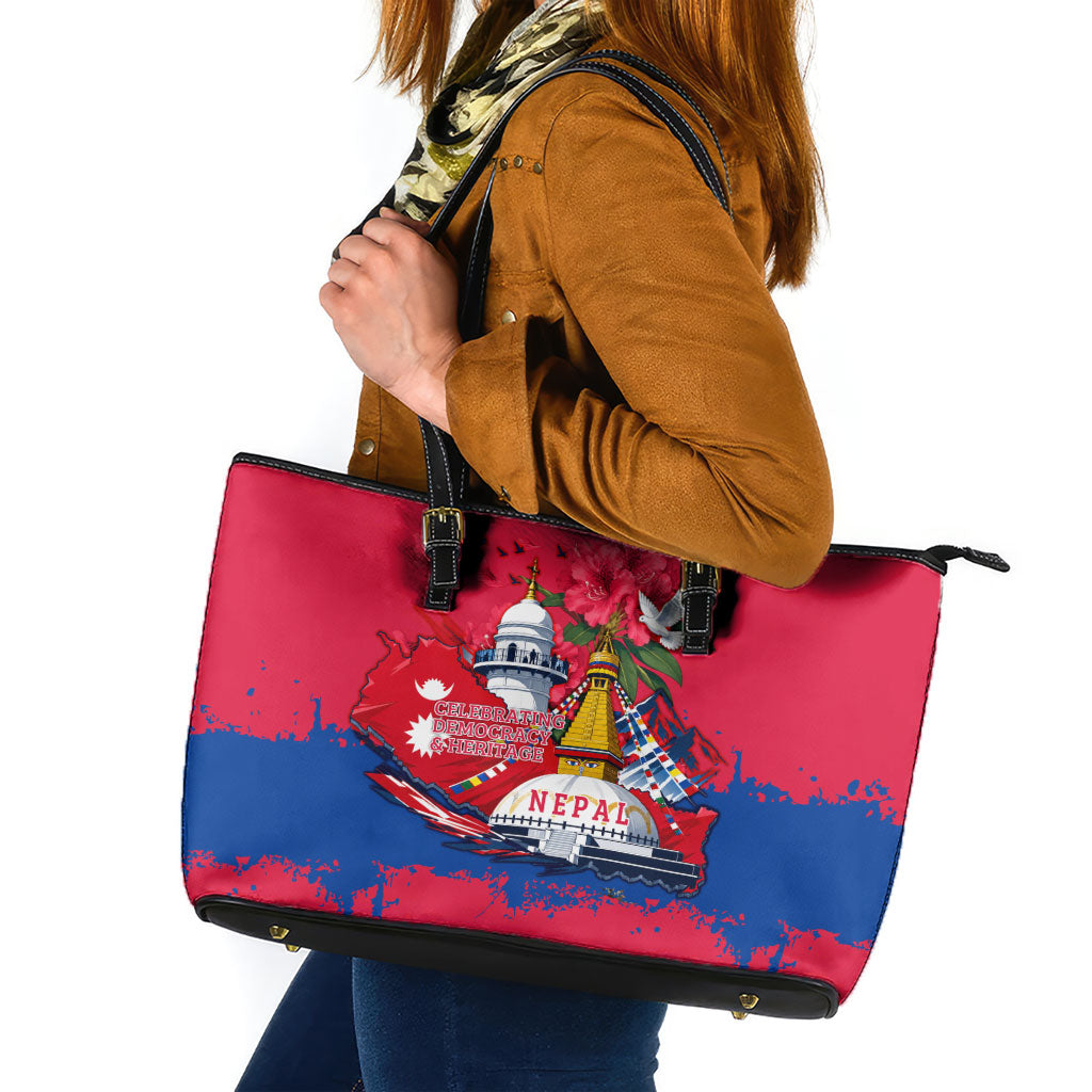 Nepal Constitution Day September 19 Leather Tote Bag Himalayan Temples Heritage Flag Dove