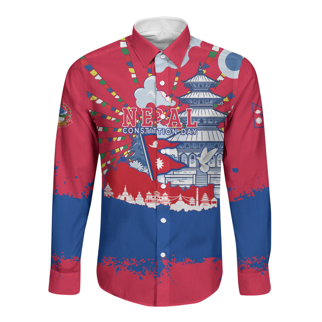 Nepal Constitution Day September 19 Long Sleeve Button Shirt Himalayan Temples Heritage Flag Dove
