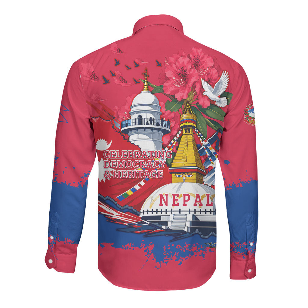 Nepal Constitution Day September 19 Long Sleeve Button Shirt Himalayan Temples Heritage Flag Dove