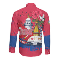 Nepal Constitution Day September 19 Long Sleeve Button Shirt Himalayan Temples Heritage Flag Dove
