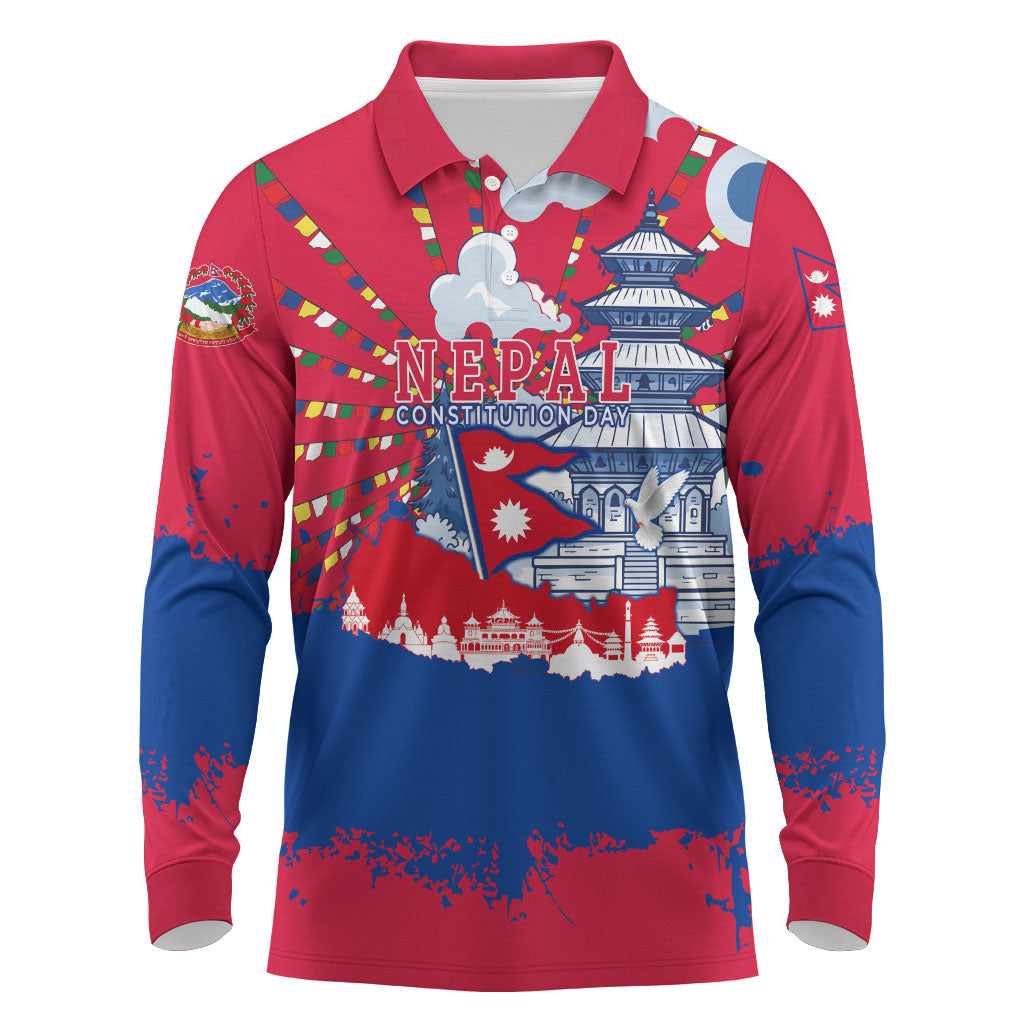 Nepal Constitution Day September 19 Long Sleeve Polo Shirt Himalayan Temples Heritage Flag Dove