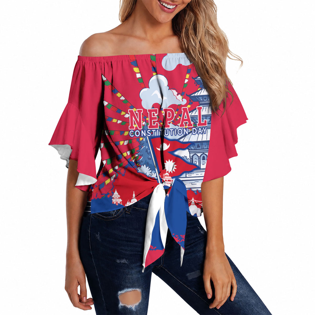 Nepal Constitution Day September 19 Off Shoulder Wrap Waist Top Himalayan Temples Heritage Flag Dove