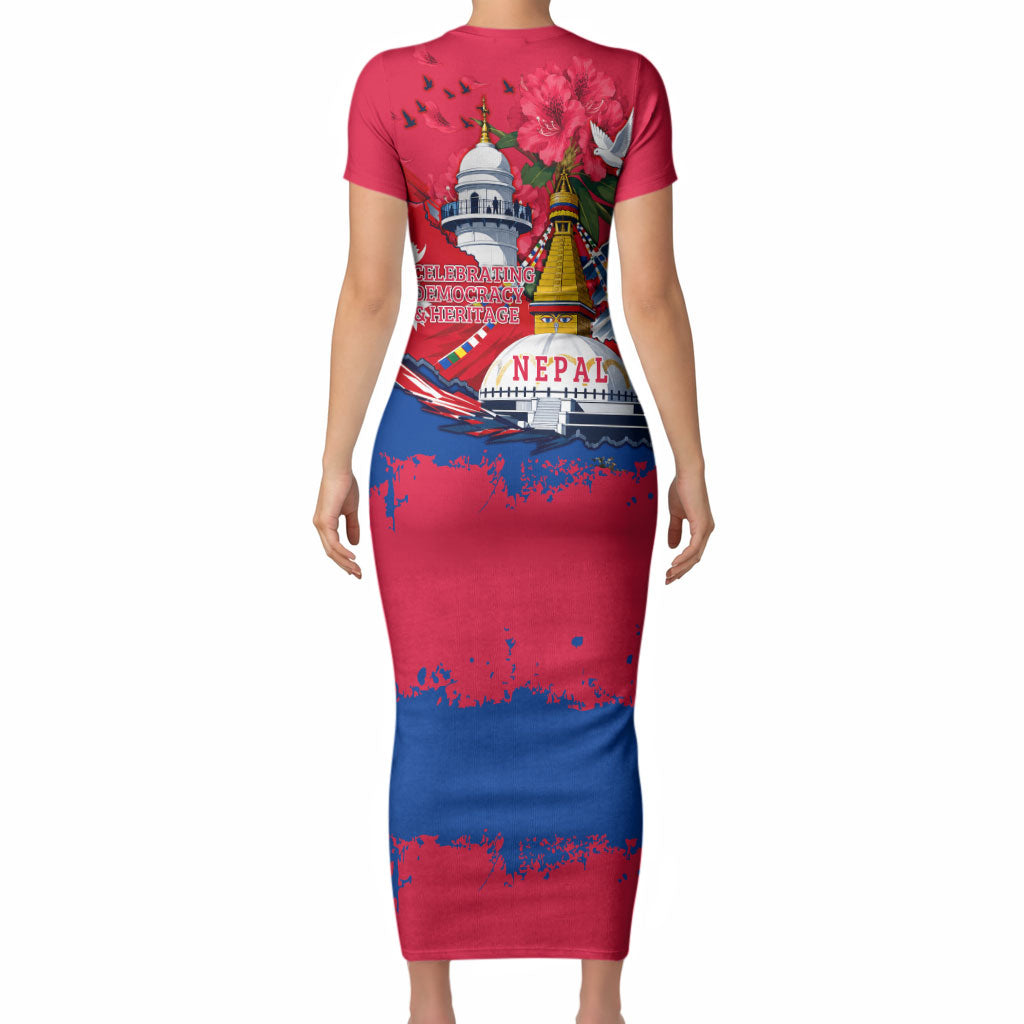 Nepal Constitution Day September 19 Short Sleeve Bodycon Dress Himalayan Temples Heritage Flag Dove