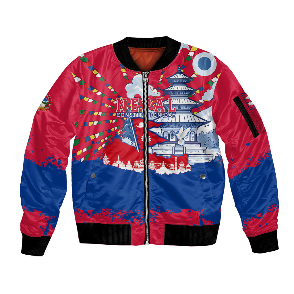 Nepal Constitution Day September 19 Sleeve Zip Bomber Jacket Himalayan Temples Heritage Flag Dove