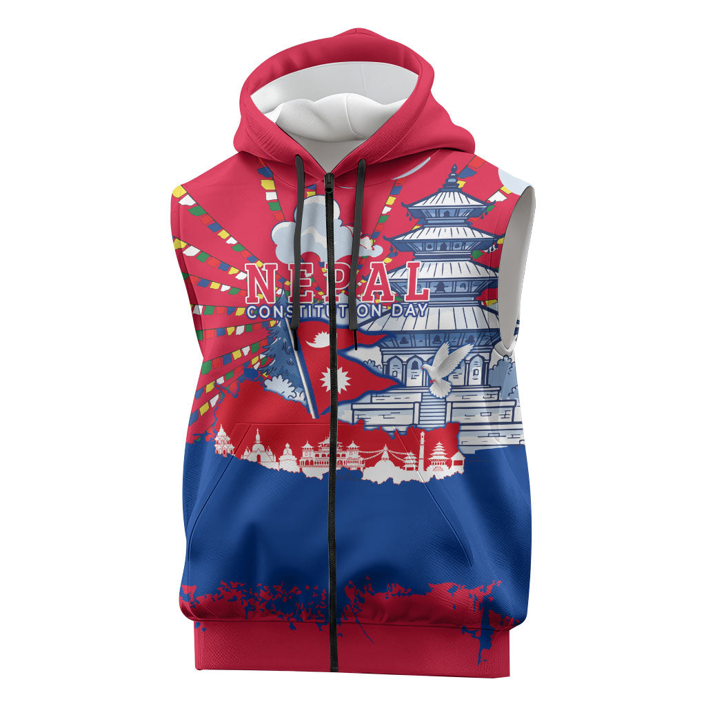 Nepal Constitution Day September 19 Sleeveless Zip Hoodie Himalayan Temples Heritage Flag Dove