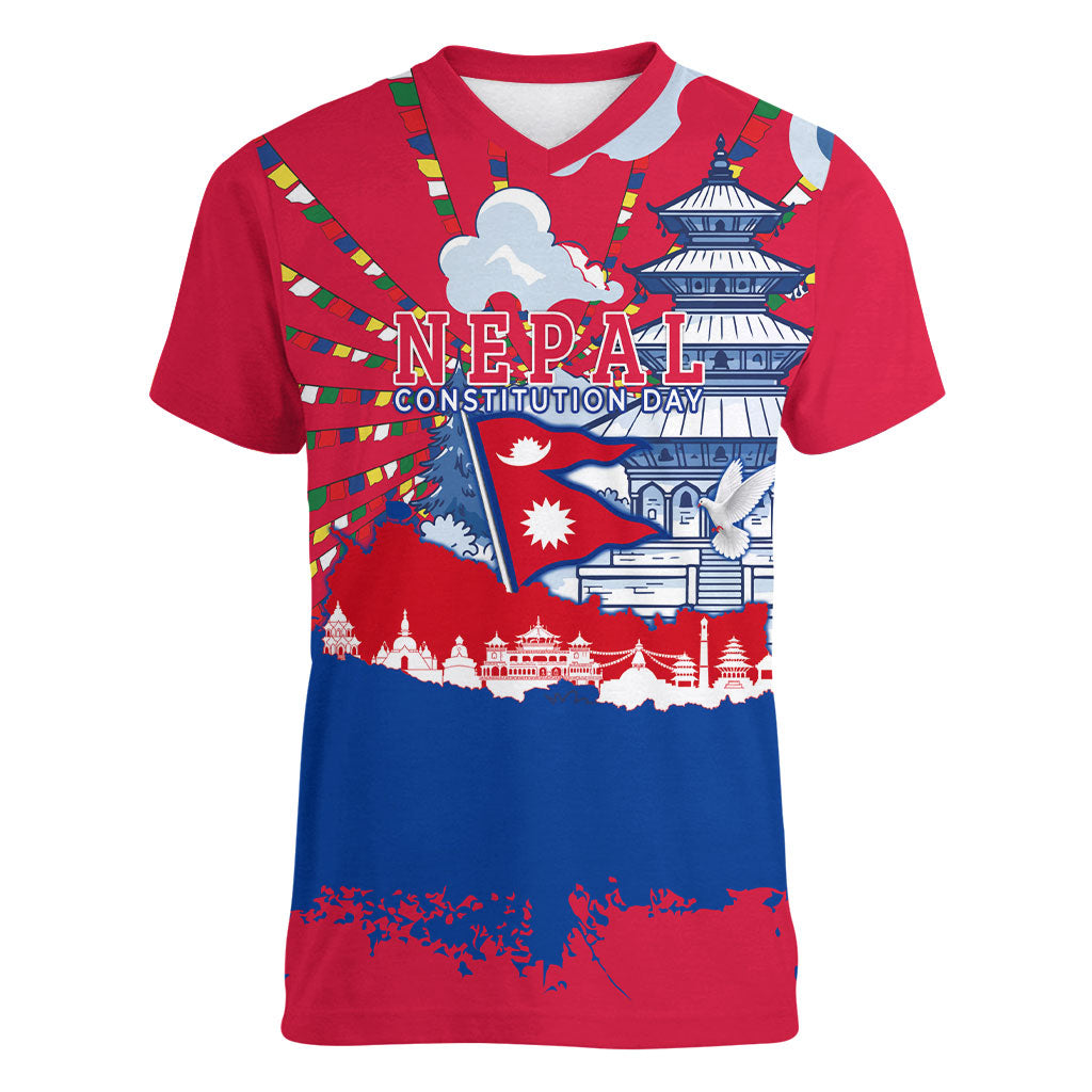 Nepal Constitution Day September 19 Women V-Neck T-Shirt Himalayan Temples Heritage Flag Dove
