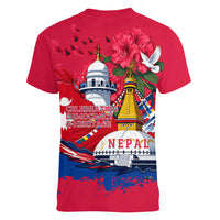 Nepal Constitution Day September 19 Women V-Neck T-Shirt Himalayan Temples Heritage Flag Dove