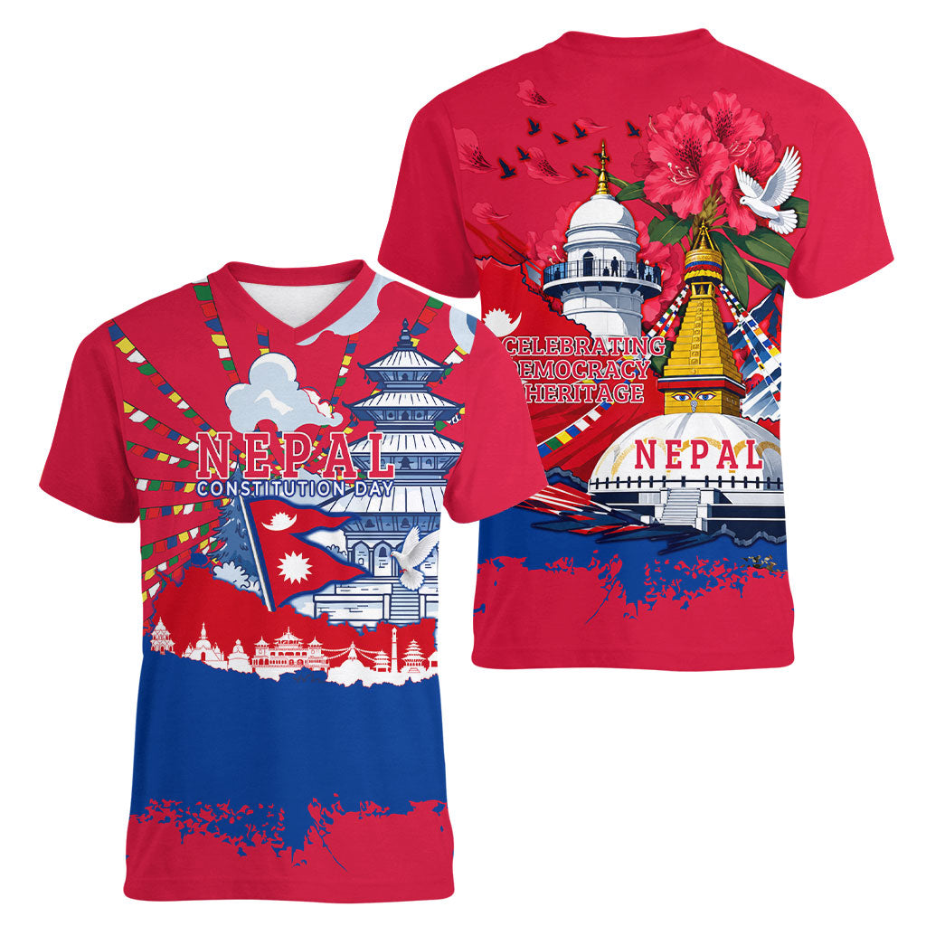 Nepal Constitution Day September 19 Women V-Neck T-Shirt Himalayan Temples Heritage Flag Dove