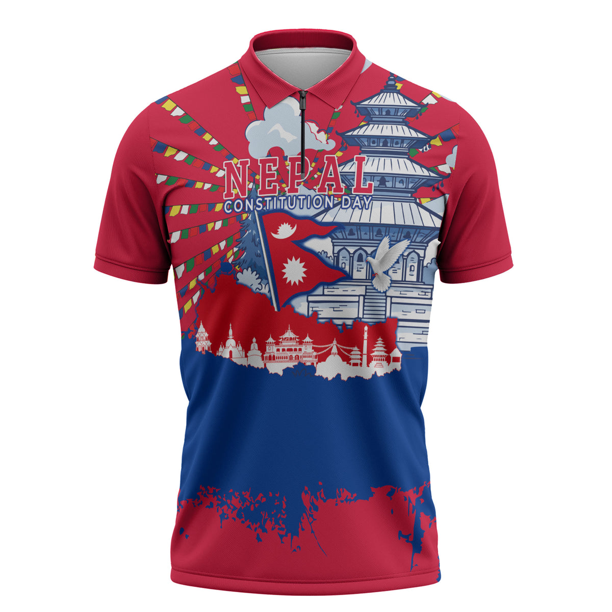 Nepal Constitution Day September 19 Zipper Polo Shirt Himalayan Temples Heritage Flag Dove