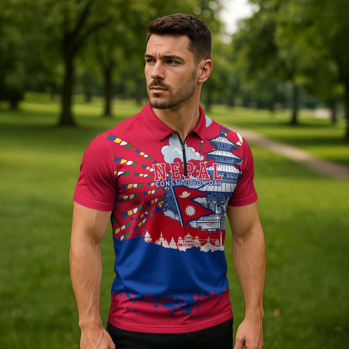 Nepal Constitution Day September 19 Zipper Polo Shirt Himalayan Temples Heritage Flag Dove