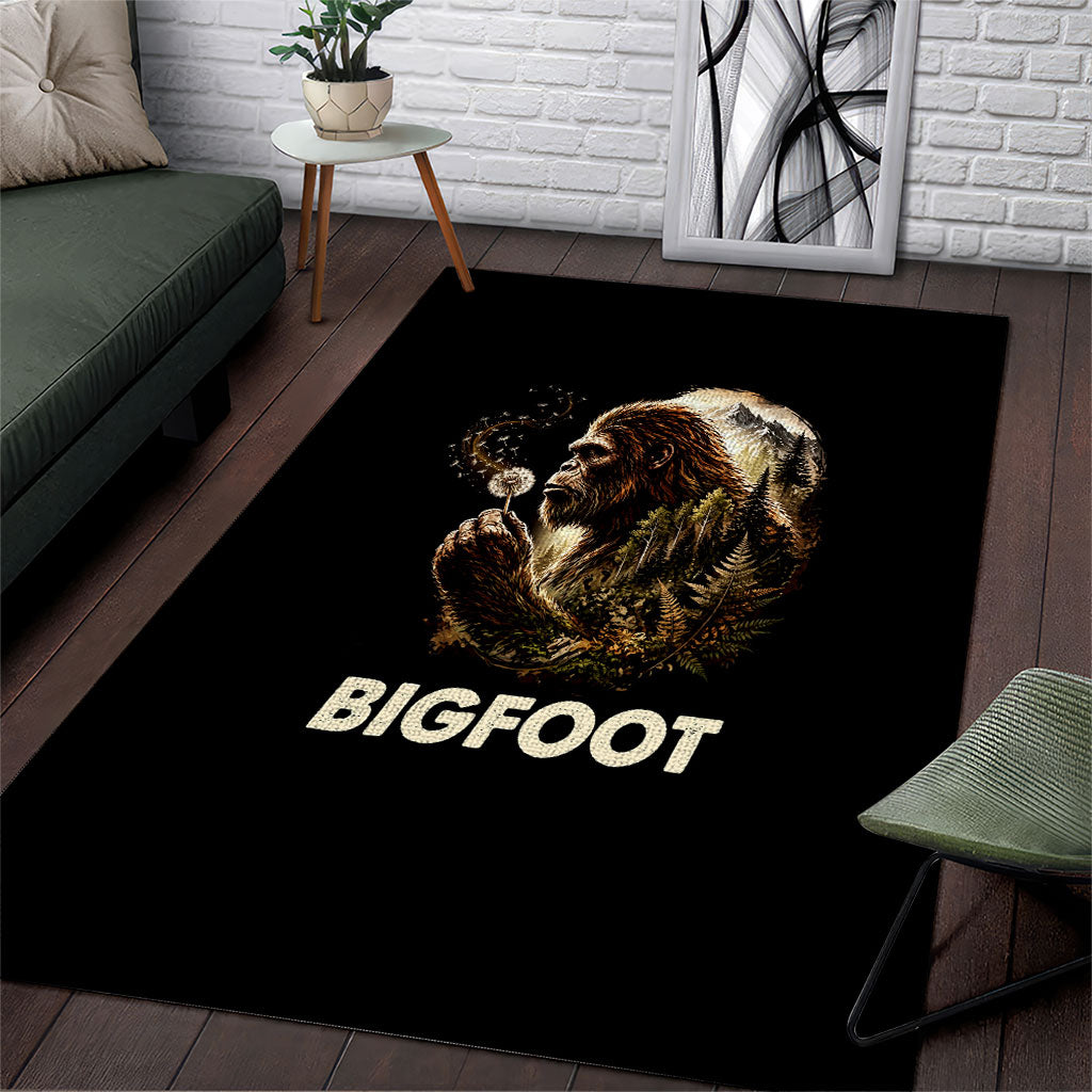 Bigfoot Blowing Wishes Dandelion Area Rug Vintage Sasquatch Art Forest Mountain Nature