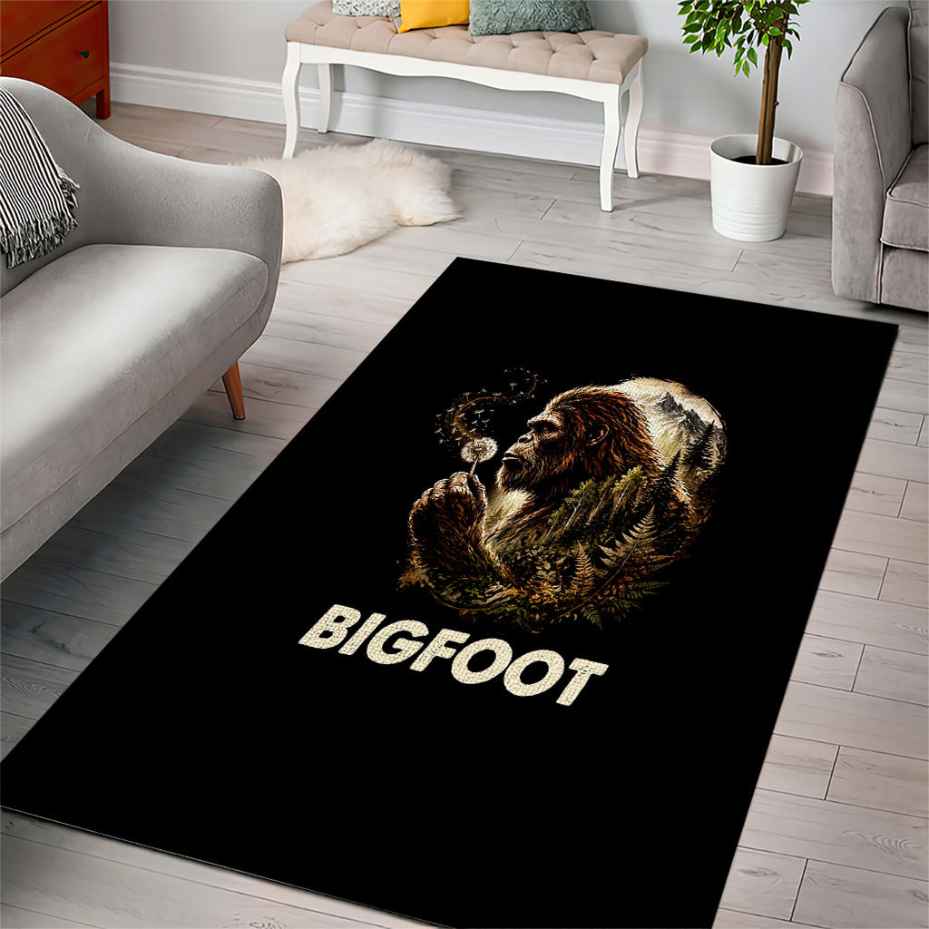 Bigfoot Blowing Wishes Dandelion Area Rug Vintage Sasquatch Art Forest Mountain Nature