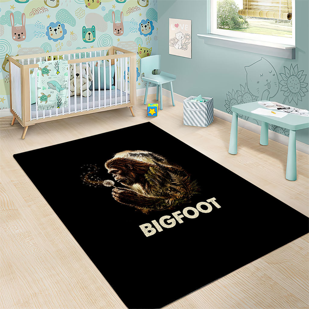 Bigfoot Blowing Wishes Dandelion Area Rug Vintage Sasquatch Art Forest Mountain Nature