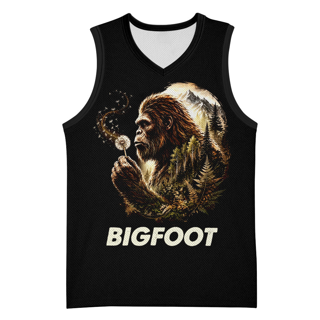 Bigfoot Blowing Wishes Dandelion Basketball Jersey Vintage Sasquatch Art Forest Mountain Nature