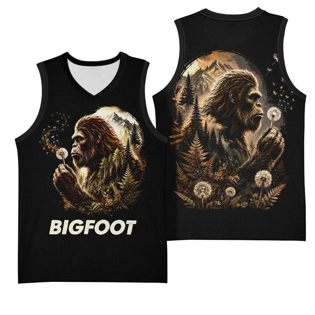 Bigfoot Blowing Wishes Dandelion Basketball Jersey Vintage Sasquatch Art Forest Mountain Nature