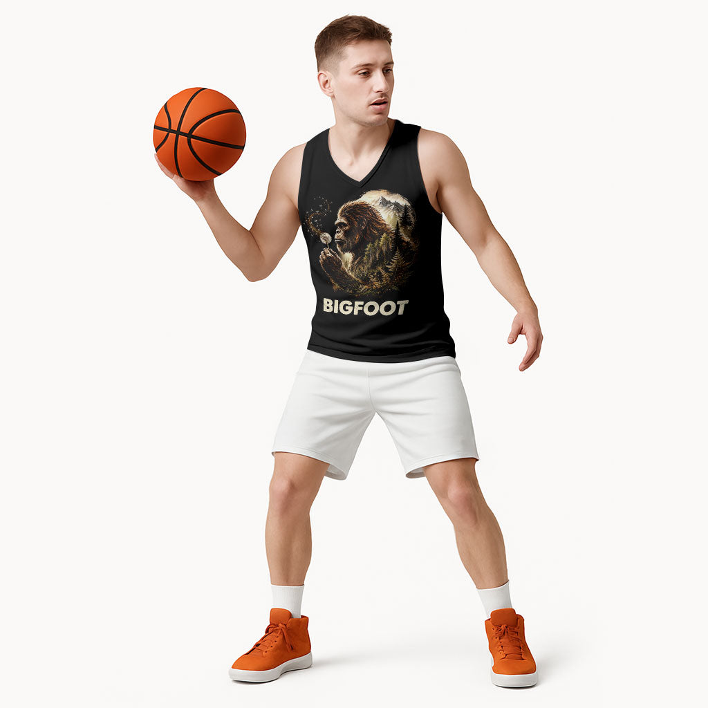 Bigfoot Blowing Wishes Dandelion Basketball Jersey Vintage Sasquatch Art Forest Mountain Nature
