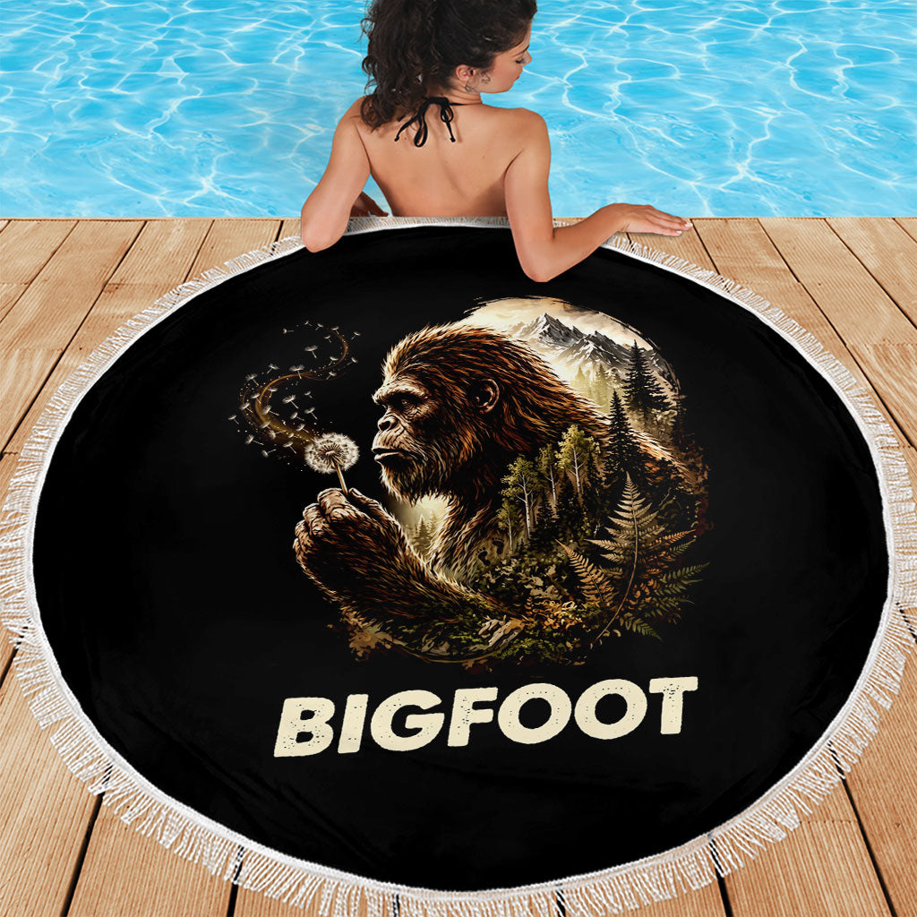 Bigfoot Blowing Wishes Dandelion Beach Blanket Vintage Sasquatch Art Forest Mountain Nature