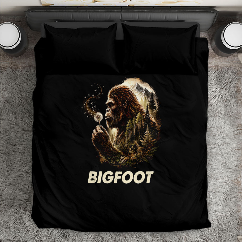 Bigfoot Blowing Wishes Dandelion Bedding Set Vintage Sasquatch Art Forest Mountain Nature