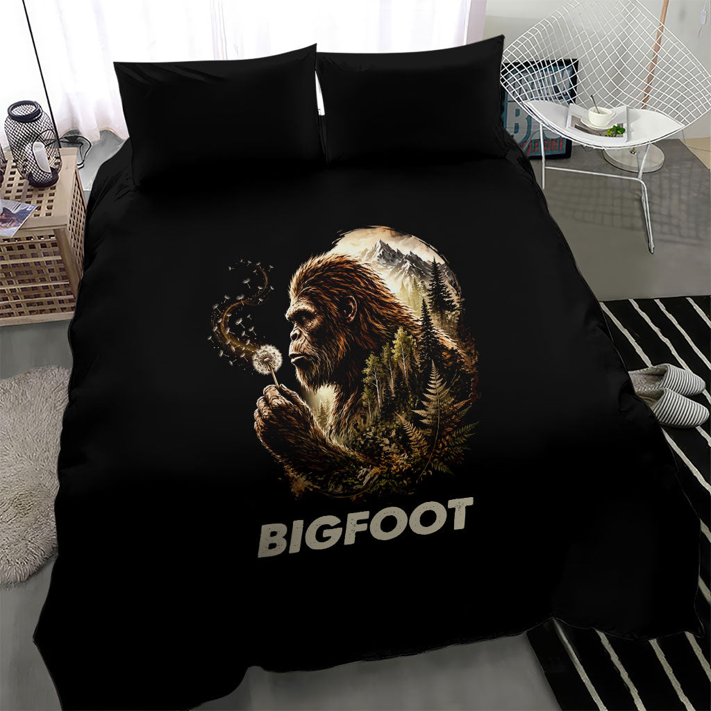 Bigfoot Blowing Wishes Dandelion Bedding Set Vintage Sasquatch Art Forest Mountain Nature