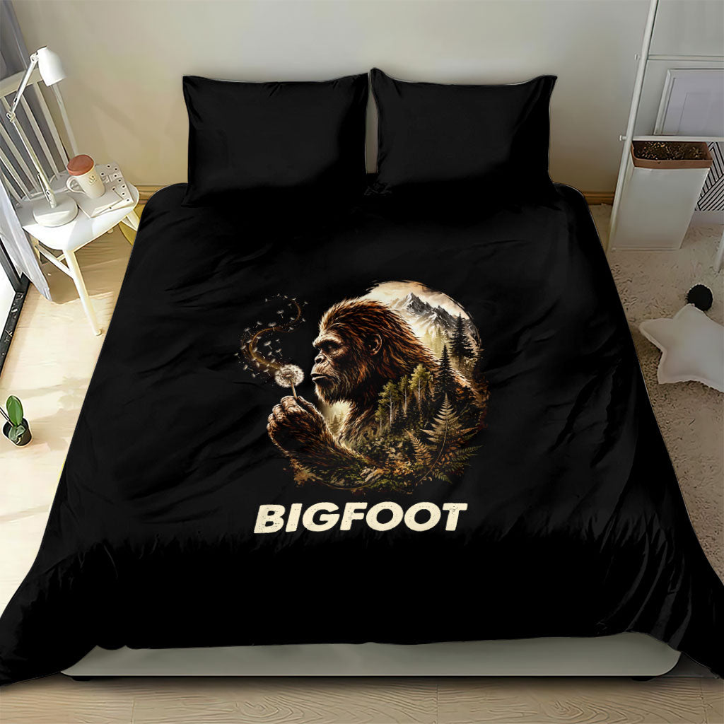 Bigfoot Blowing Wishes Dandelion Bedding Set Vintage Sasquatch Art Forest Mountain Nature