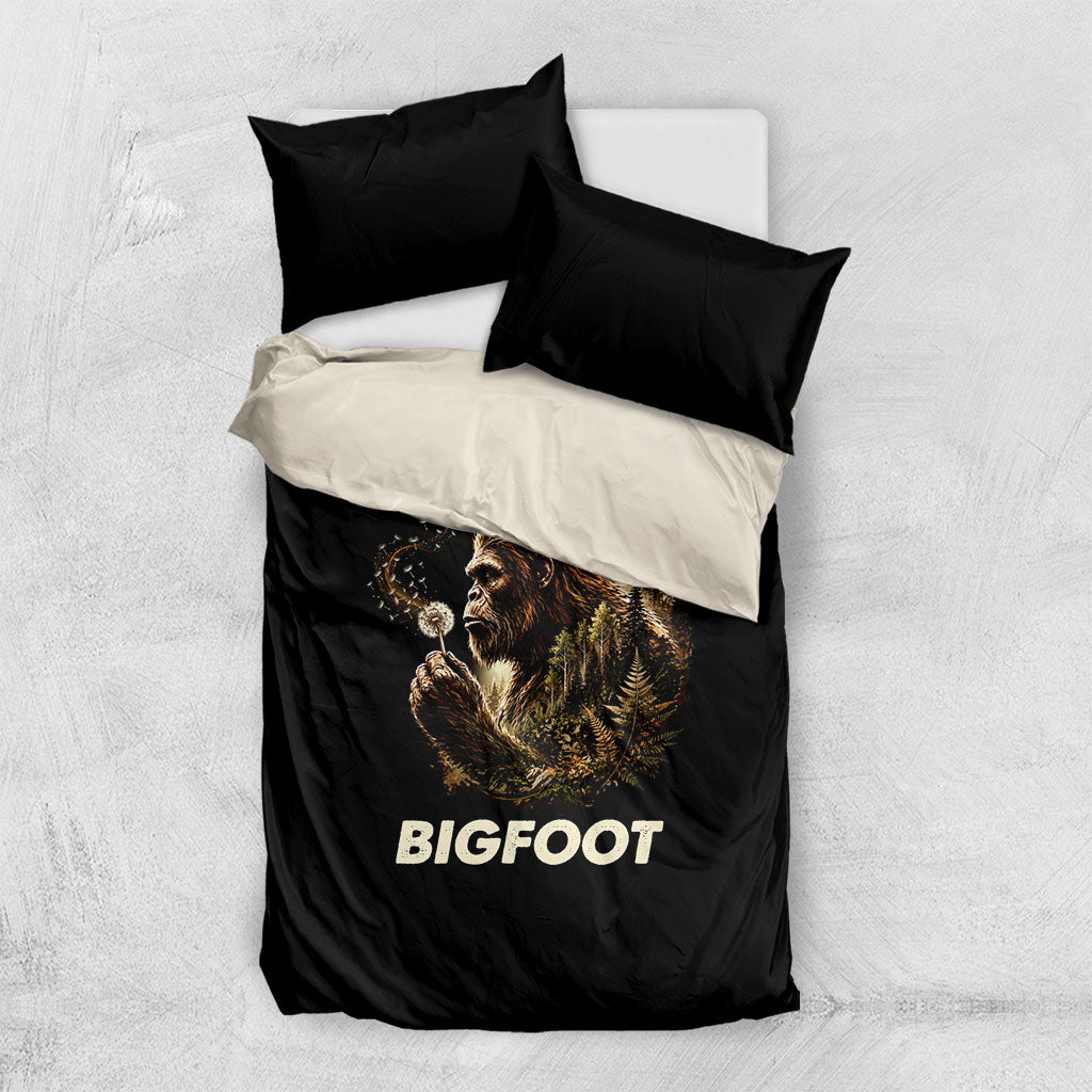 Bigfoot Blowing Wishes Dandelion Bedding Set Vintage Sasquatch Art Forest Mountain Nature
