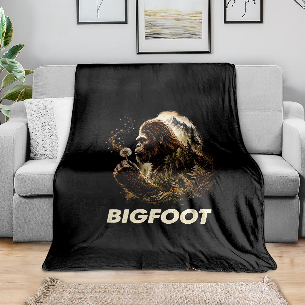 Bigfoot Blowing Wishes Dandelion Blanket Vintage Sasquatch Art Forest Mountain Nature