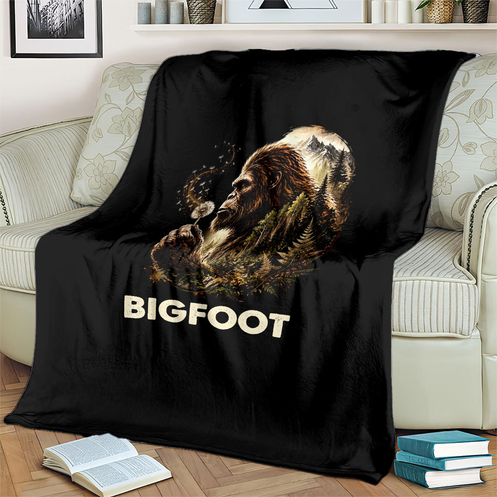 Bigfoot Blowing Wishes Dandelion Blanket Vintage Sasquatch Art Forest Mountain Nature
