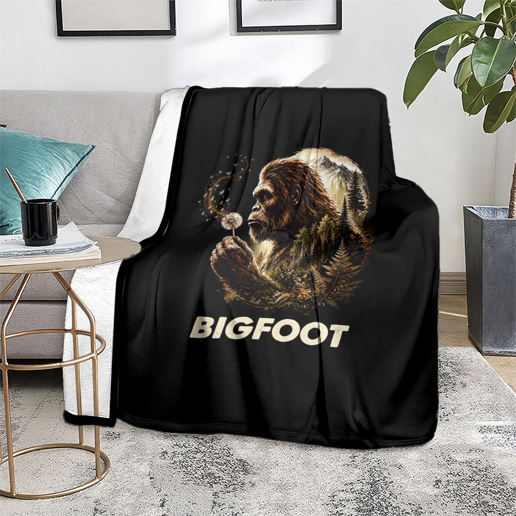 Bigfoot Blowing Wishes Dandelion Blanket Vintage Sasquatch Art Forest Mountain Nature
