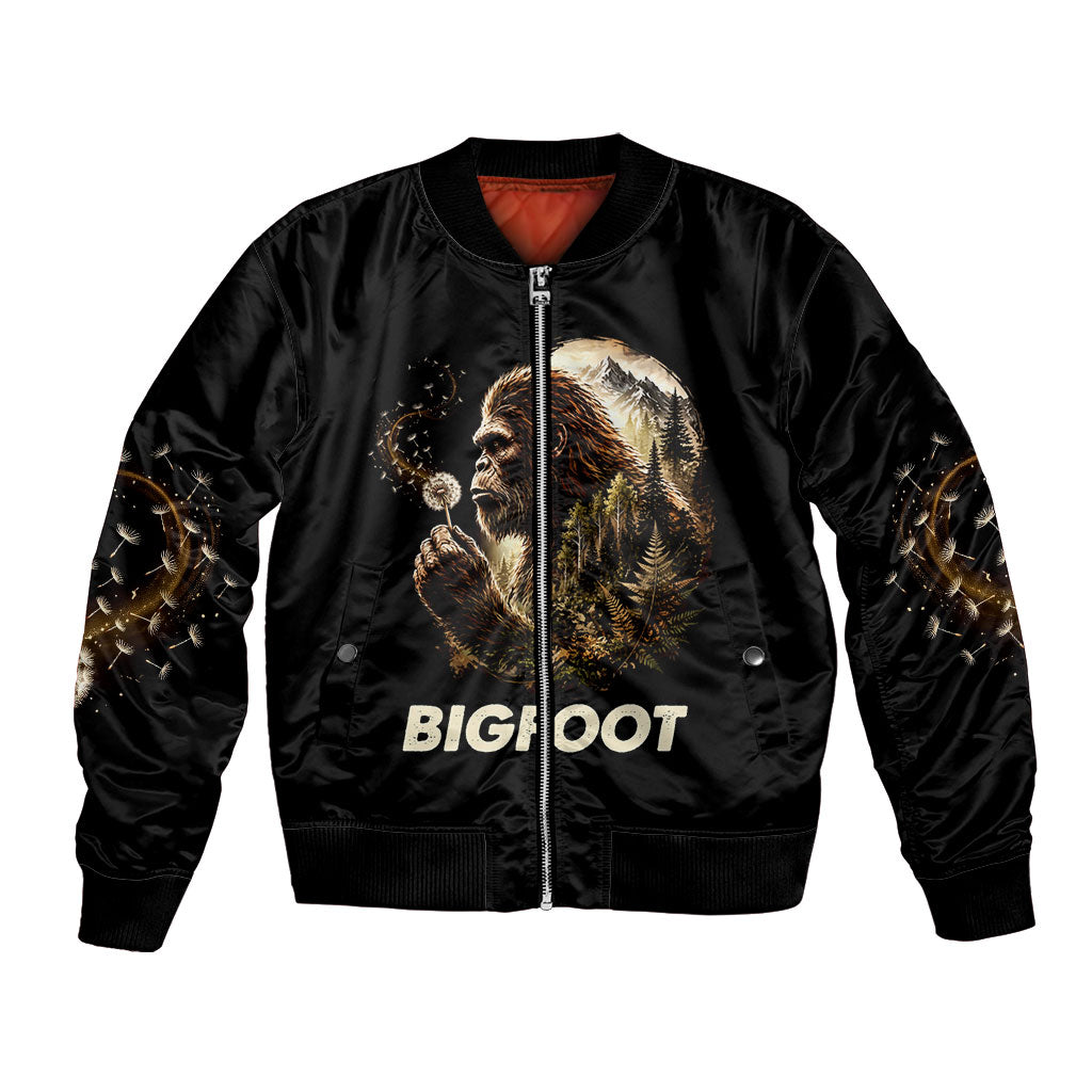 Bigfoot Blowing Wishes Dandelion Bomber Jacket Vintage Sasquatch Art Forest Mountain Nature