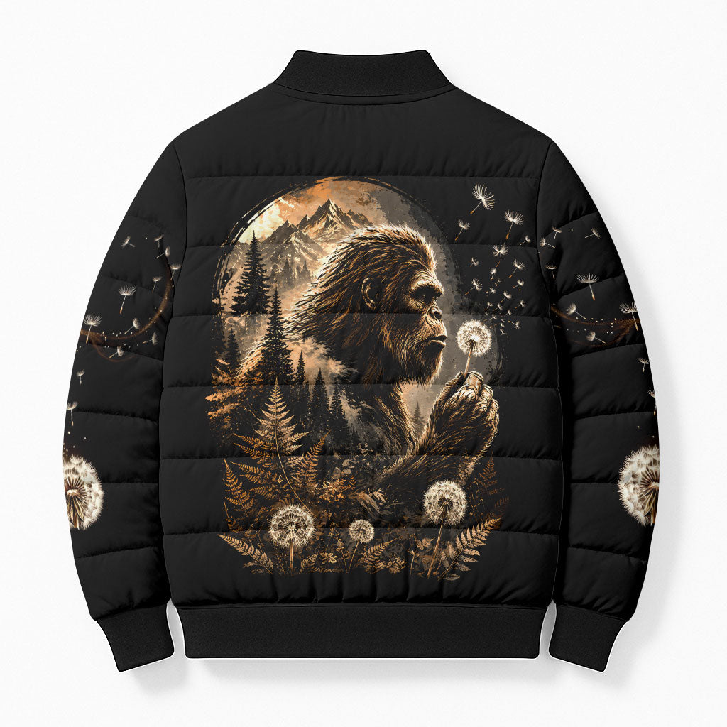 Bigfoot Blowing Wishes Dandelion Bomber Puffer Jacket Vintage Sasquatch Art Forest Mountain Nature