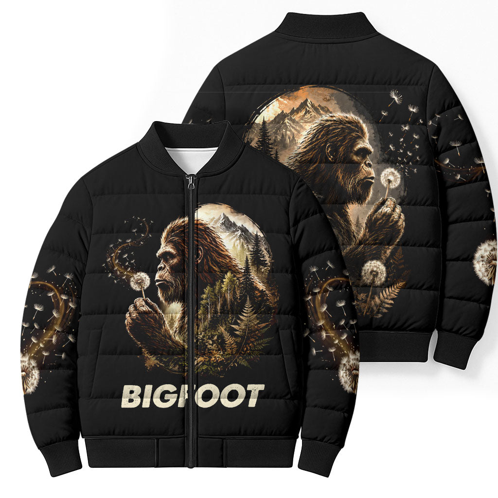 Bigfoot Blowing Wishes Dandelion Bomber Puffer Jacket Vintage Sasquatch Art Forest Mountain Nature